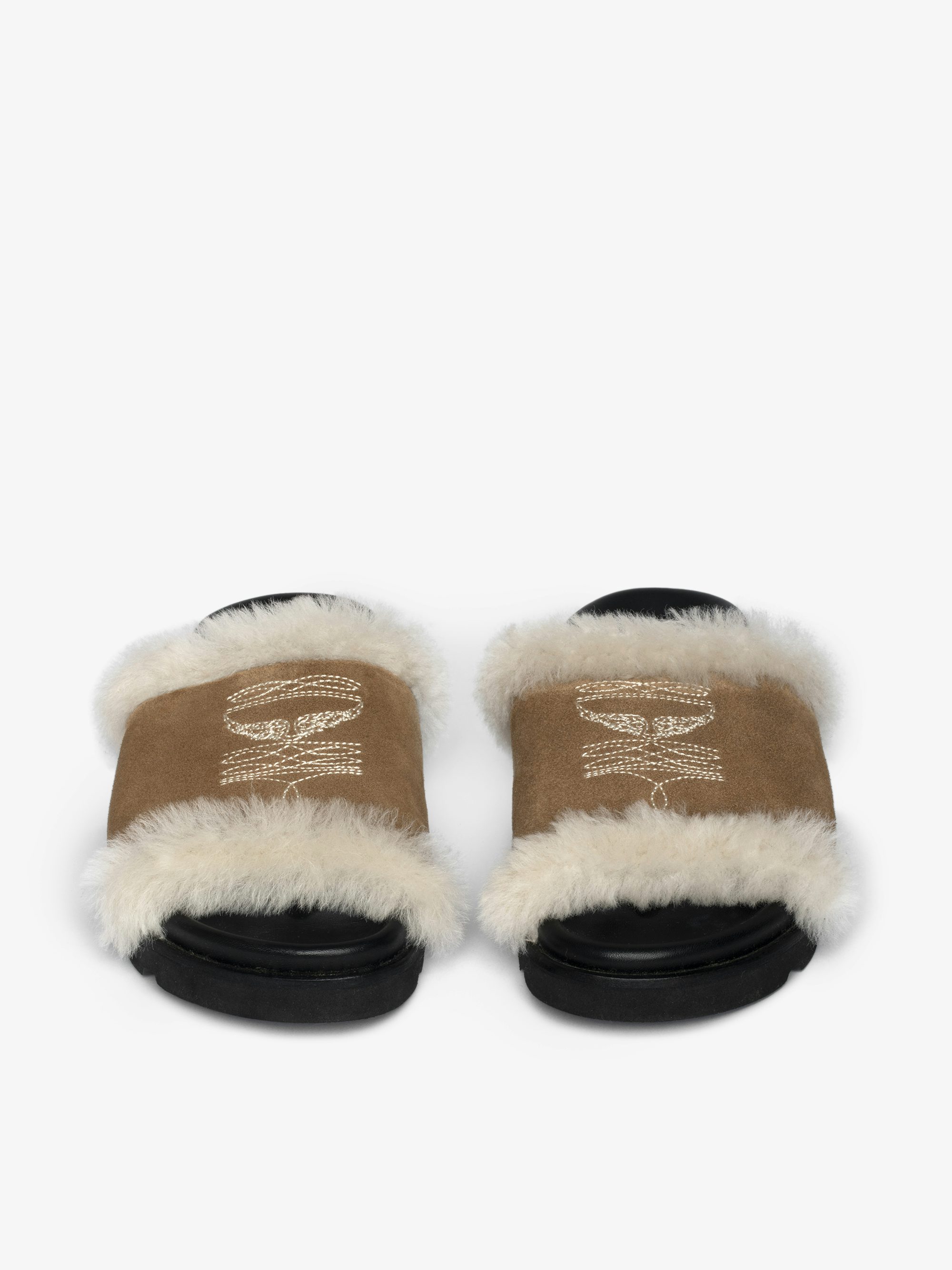 Teddy Shearling Mules - Open mules in suede and shearling adorned with signature embroideries and featuring comfortable anatomical soles.